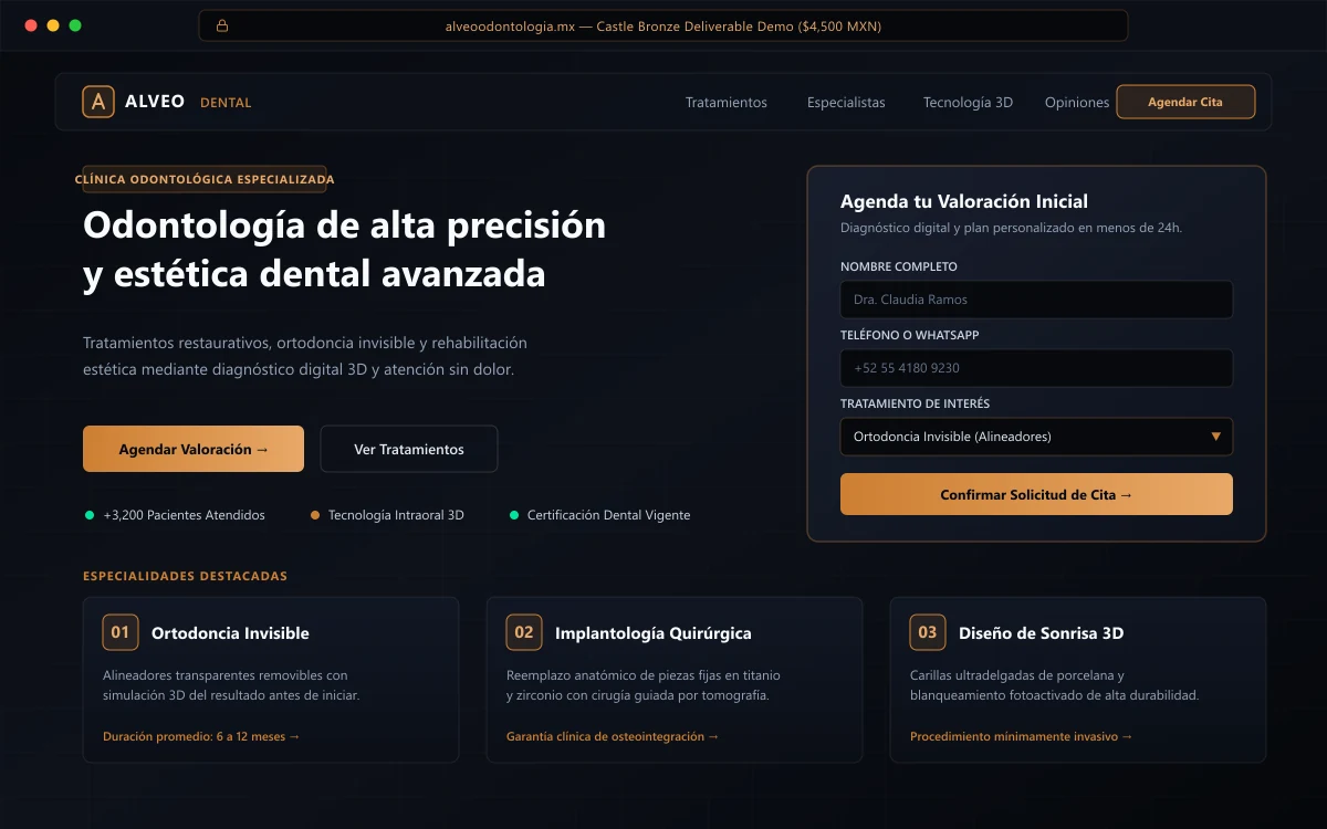 Demostración de entregable Castle Bronze — Proyecto conceptual Alveo Odontología Especializada